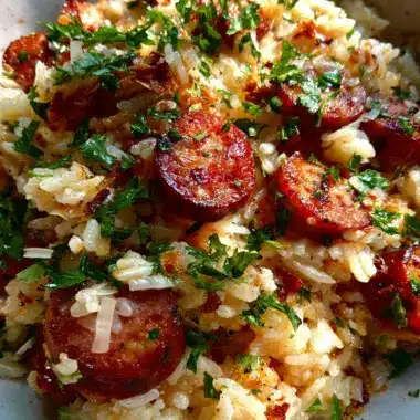 Sticky Smoky Garlic Butter Parmesan Sausage Rice